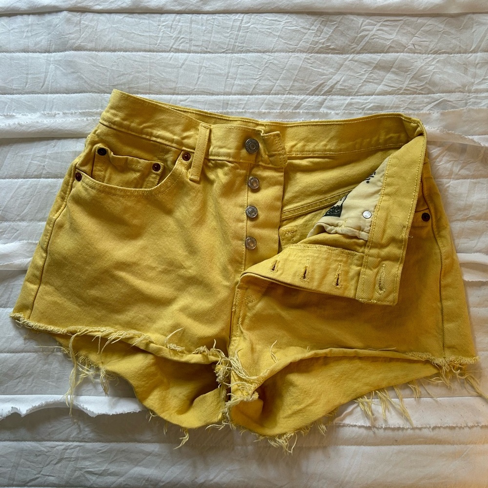 Levi's Yellow Jean Shorts with Frayed Hem